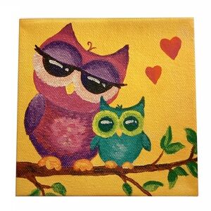 Children's Mother Baby Owl Canvas Square Art Print Yellow Purple Teal 18 x 18